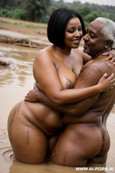 Smiling curvy busty white egyptian wife with messy short hair standing fully naked hugged from old black man in mud lake - ai-porn.ai - Egypt on pornsimulated.com