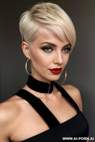 Sassy dame in short black dress with blonde pixie haircut, red lips and earring hoops - ai-porn.ai on pornsimulated.com