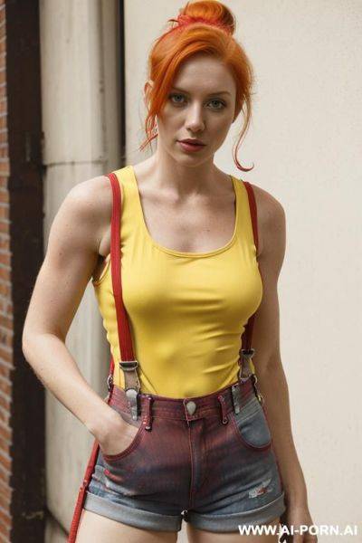 ((red suspenders)), ((short yellow tank top)), ((short yellow tank top under the red suspenders)), (( red suspenders top of the short yellow tank top)) red hair, ((short blue short jeans)) - ai-porn.ai on pornsimulated.com