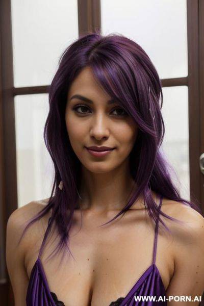 Elaborate flowing purple hair, sexy dress, sensual grin, casual look, detailed eyes, tanned, mature face, curious, - ai-porn.ai on pornsimulated.com