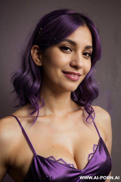 Elaborate flowing purple hair, bridal dress, pleading grin, short, casual look, detailed eyes, tanned, mature face, - ai-porn.ai on pornsimulated.com