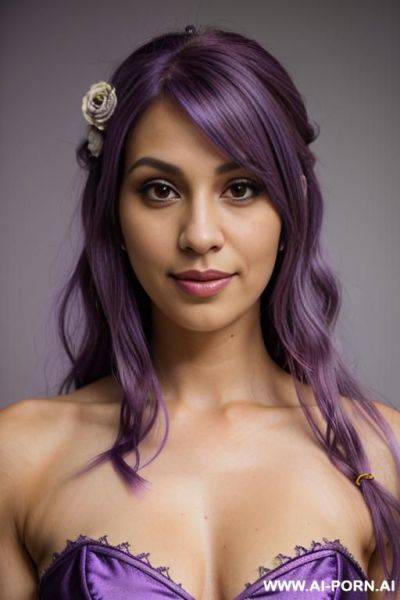 Elaborate flowing purple hair, bridal dress, pleading grin, casual look, detailed eyes, tanned, mature face, - ai-porn.ai on pornsimulated.com