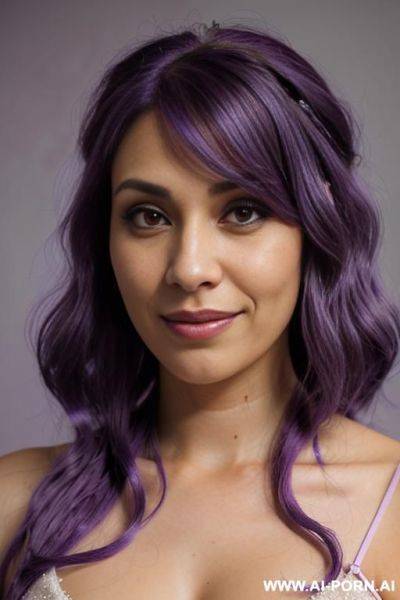 Elaborate flowing purple hair, bridal dress, pleading grin, short, casual look, detailed eyes, tanned, - ai-porn.ai on pornsimulated.com