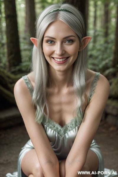 Elf woman eye contact green nightgown silver hairband forest - ai-porn.ai on pornsimulated.com