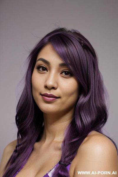 Elaborate flowing purple hair, trad garb, sensual grin, casual look, detailed eyes, tanned, expressive face, bends down, - ai-porn.ai on pornsimulated.com