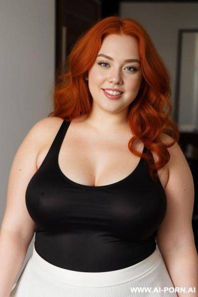 Redhead bbw, chubby and very fat, thick, breasts, dimples, voluptuous shaped, wide hips, thick thighs, chubby, hair, s, slicked back hair, large forehead, black tank top, bra, areola, ruffle microskirt, fully clothed, city - ai-porn.ai on pornsimulated.com