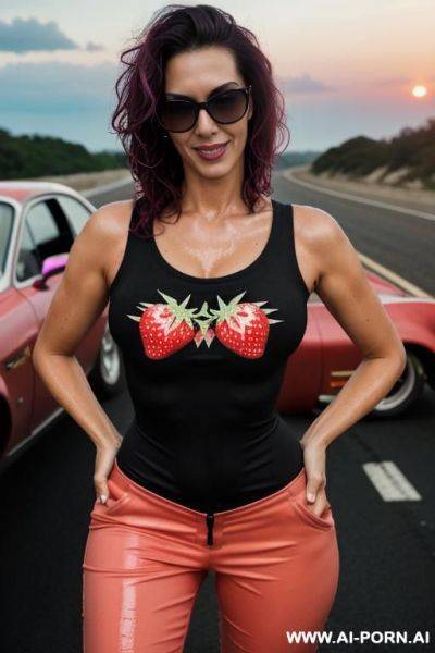 Mom, spanish , punk, fit ,sunglasses, boobs, mechanic suit, neckline t-shirt fluorescent, wet hair ,skin wet ,eat strawberry ,road, sunset - ai-porn.ai - Spain on pornsimulated.com