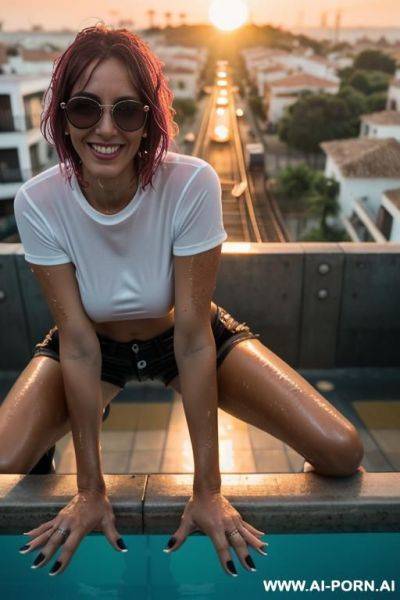 Mom, spanish , punk, fit ,sunglasses, boobs, tight shorts, neckline t-shirt fluorescent, wet hair ,wet skin ,lemon ,rails train , sunset - ai-porn.ai - Spain on pornsimulated.com