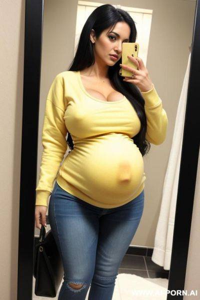 Pregnant woman tight jeans short yellow sweatshirt selfie photo in the mirror bathroom - ai-porn.ai on pornsimulated.com