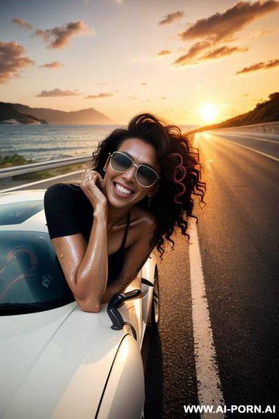 Mom, european ,hairy punk, fit ,sunglasses, boobs, neckline t-shirt fluorescent, hair wet ,brown curly ,skin wet , out ferrari ,road, sunset - ai-porn.ai on pornsimulated.com