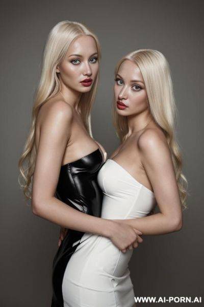 Photograph by hasselblad camera, a 1-year-old conjoined twins womans, white skin, beautiful face, wearing black cupless micro dress, long light blonde hair, realism - ai-porn.ai on pornsimulated.com