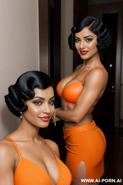 Indians, short hair, abs, fit, muscles, navel piercing, orange bra, orange skirt, tall, full body, stiletto, view from distance, looking at camera, 2 women next to each other - ai-porn.ai - India on pornsimulated.com