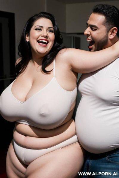 A very fat woman with huge hips carrying a perman on her buttocks and she is laughing and he is surprised - ai-porn.ai on pornsimulated.com