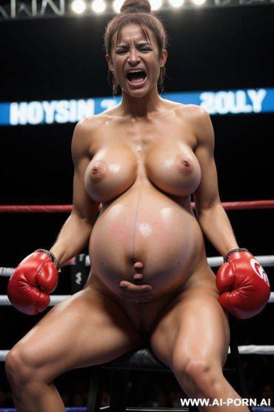 Screaming female boxer with boxing gloves sitting in the ring with black bruises on her pregnant belly - ai-porn.ai on pornsimulated.com