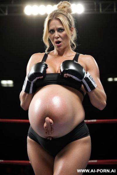 Crying female boxer with boxing gloves in the ring with bruises on her pregnant belly - ai-porn.ai on pornsimulated.com
