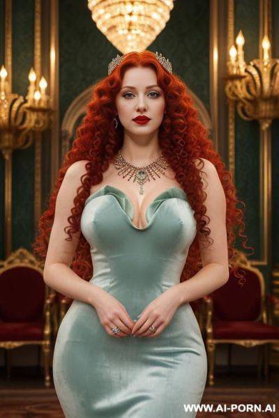 _wearing diamond crown, topless, pretty boobs, light blue eyes, diamond necklace, (white pallid skin), (ghastly pallid skin), red lips, ((very long big curly soft fluffy hair, full-bodied curly hair)) - ai-porn.ai on pornsimulated.com