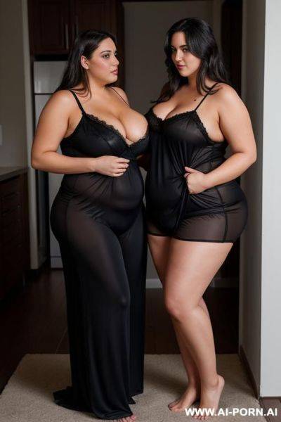 Sexy fat chubby brunette, breast, black nightgown, standing, full body view, touching man pants, man having boner in pants - ai-porn.ai on pornsimulated.com