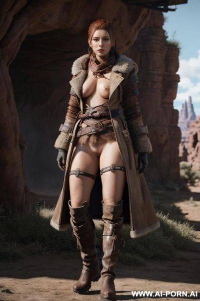 Aloy, horizon zero daw, realistic photo game ,same face as character the game, big breasts, hard niplees, s in the face, nude only long open coat, full body view, very hairy pussy, realistic - ai-porn.ai on pornsimulated.com