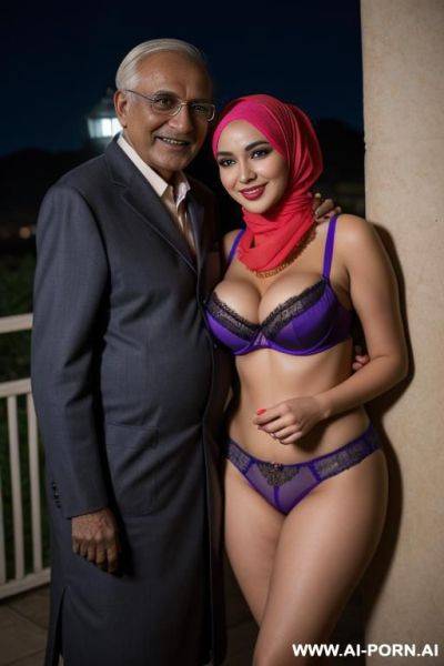 Smiling curvy busty russian wife wearing hijab and colored lingerie standing and hugged from indian old man in night - ai-porn.ai - Russia - India on pornsimulated.com