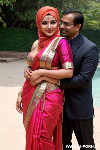 Smiling curvy busty russian wife wearing hijab and colored saree standing exhibition nude and hugged from indian man - ai-porn.ai - Russia - India on pornsimulated.com