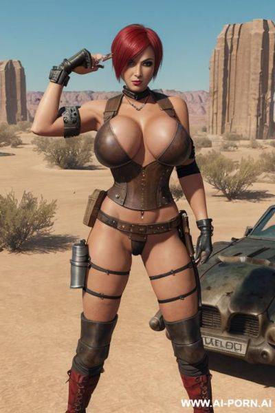 Mature woman. toned. tanned. bracelet, thigh chain. anklet. high heels. red and black punk hairstyle. bulging veiny tits. leather shoulder pad. mad max. fallout. ruined city in background. - ai-porn.ai on pornsimulated.com