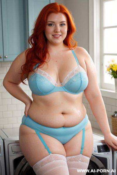 Half-length photo, as a setting in the laundry area, a fat chubby fat thick and bbw redhead british, she is washing clothes and is soaked in foamy water. she has lovehandless and a soft - ai-porn.ai - Britain on pornsimulated.com