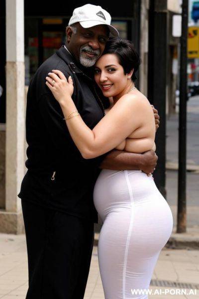 Smiling curvy busty white egyptian wife with messy short hair fully naked hugged from old homeless black man in street - ai-porn.ai - Egypt on pornsimulated.com