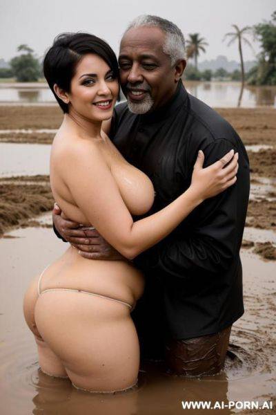 Smiling curvy busty white egyptian wife with messy short hair standing fully naked hugged from old black man in mud lake - ai-porn.ai - Egypt on pornsimulated.com