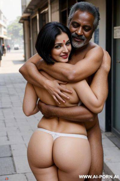 Smiling curvy busty white indian wife with messy short hair fully naked hugged from the back from old homeless black man in street - ai-porn.ai - India on pornsimulated.com