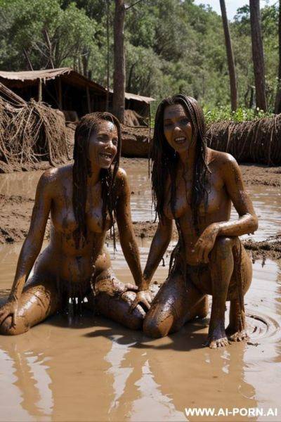 Totally naked, barefoot, mud fighter, two women - ai-porn.ai on pornsimulated.com