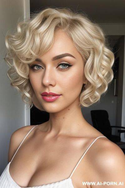 Attractive fluffy curly haired blonde, thick wide fluffy voluminous platinum blonde curly bob haircut, wide curly bobcut hair, blonde french japanese pin-up model photoshoot - ai-porn.ai - Japan - France on pornsimulated.com