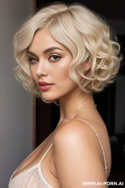 Attractive fluffy wide thick full-bodied curls, thick wide fluffy voluminous platinum blonde curly bob haircut, wide curly bobcut hair, blonde french japanese pin-up model photoshoot, big sexy curly hair - ai-porn.ai - Japan - France on pornsimulated.com