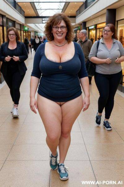 Naked fat milf walking nude in (sneakers) in crowded mall. bowtie and collar. smiling. sneakers. - ai-porn.ai on pornsimulated.com