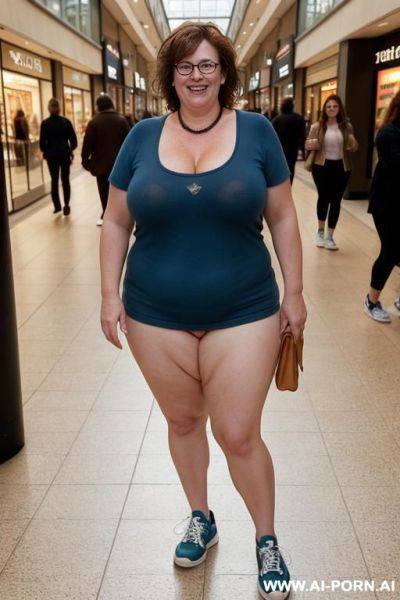 Naked fat milf walking nude in (sneakers) in crowded mall. bowtie and collar. smiling. sneakers. naked. - ai-porn.ai on pornsimulated.com