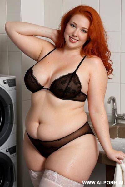 Half-length photo, as a setting in the laundry area, a fat chubby fat thick and bbw redhead caucasian, she is washing clothes and is soaked in foamy water. she has lovehandless and a soft - ai-porn.ai on pornsimulated.com