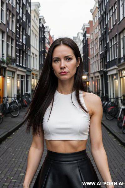 Woman, athletic, normal breast, long hair, selfie, walk on red light street amsterdam, extremely micro black skirt, extremely micro white crop top, - ai-porn.ai on pornsimulated.com