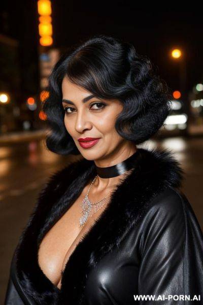 Old milf, completely naked, necklace, chocker, black fur coat, elry, street night - ai-porn.ai on pornsimulated.com