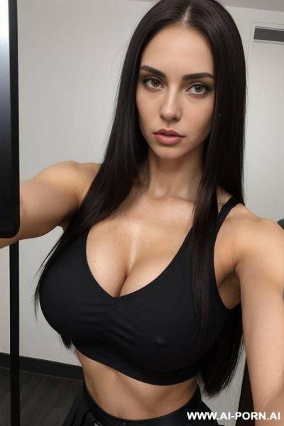 Woman, athletic, massive breast, long hair, micro black skirt, micro black crop top, selfie, - ai-porn.ai on pornsimulated.com