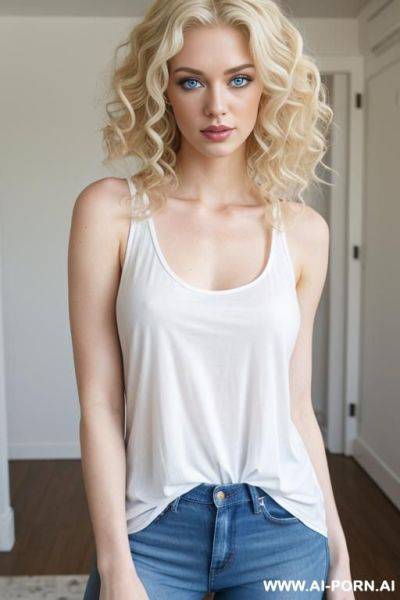 Blond. curly. blue eyes. pale white skin. jeans. white tank top - ai-porn.ai on pornsimulated.com