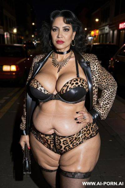 Latina, old milf, animal print hooker outfit, necklace, chocker, crop short jacket, elry, street night, waist shot - ai-porn.ai on pornsimulated.com