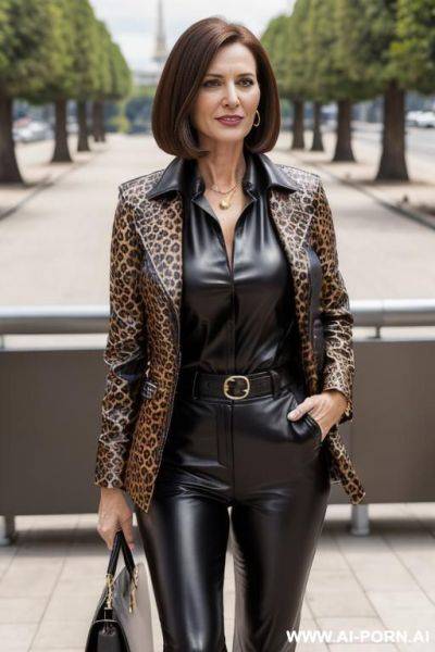 Leopard pattern leather coat, black leather trousers, high resolution picture, very detailled face, highly closed blouse, on a sunny terrace - ai-porn.ai on pornsimulated.com