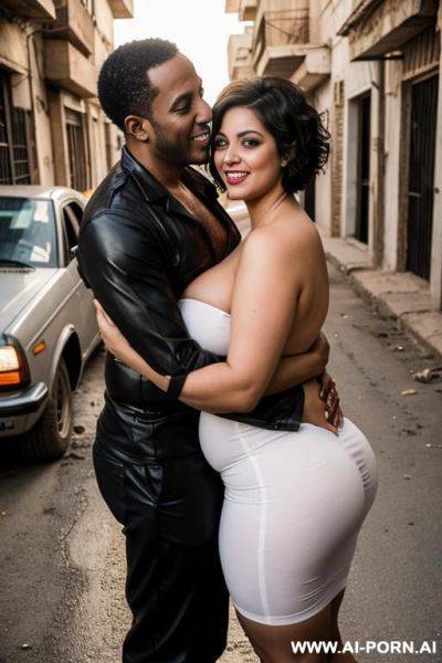 Smiling curvy busty white egyptian wife with messy short hair fully naked hugged from old black mechanic in street - ai-porn.ai - Egypt on pornsimulated.com