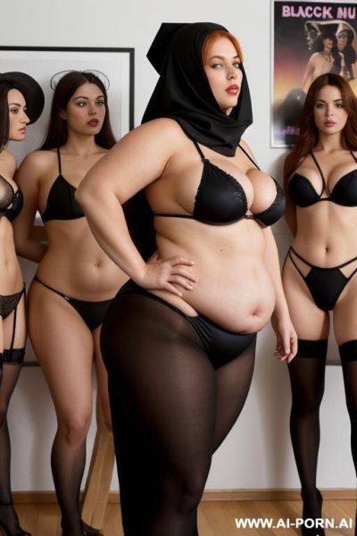 The image shows a group of women in a line, all dressed in black, tight clothes with giant breasts and covered heads. they appear to be standing at attention, facing ford. a man, also - ai-porn.ai on pornsimulated.com