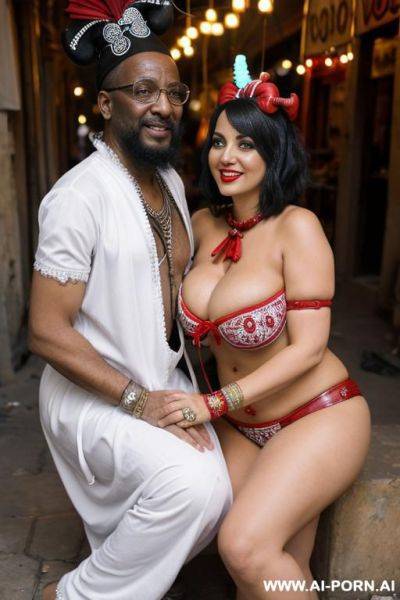 Smiling curvy busty white egyptian wife with messy short hair fully naked sitting on the lap of old black homeless man - ai-porn.ai - Egypt on pornsimulated.com