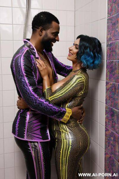 Smiling curvy busty white egyptian wife with messy short hair fully naked hugged from old black homeless man in shower - ai-porn.ai - Egypt on pornsimulated.com