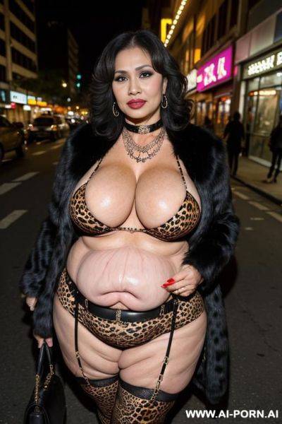 Fat old milf, animal print hooker outfit, gigantic huge saggy boobs, necklace, chocker, elry, street night, waist shot - ai-porn.ai on pornsimulated.com