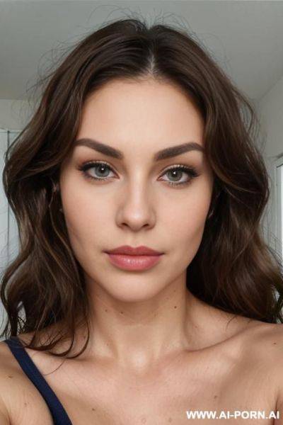 Perfectly shaped face, strong jawline, high cheekbones, pointy chin, plump puffy lips, sexy face, front view, id photo, looking at viewer - ai-porn.ai on pornsimulated.com