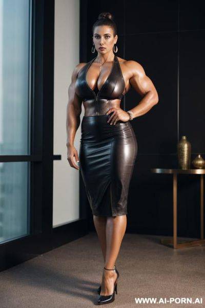 Big, strong body building latin lady in leather business suit, leather skirt, hair bun, posh style, posh setting, nylons, high heels, looking into camera - ai-porn.ai on pornsimulated.com