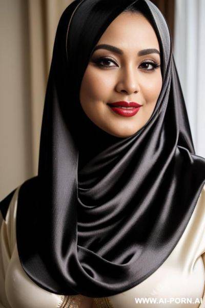 Indonesian, fashioned black silk hijab, wearing fashioned silk hijab, close up face. seductive romantic smile face. at night - ai-porn.ai - Indonesia on pornsimulated.com