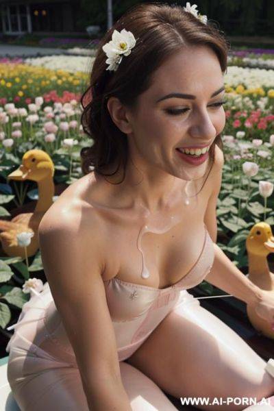 ((topless woman riding on a large duck)) ((in a flower garden)) - ai-porn.ai on pornsimulated.com